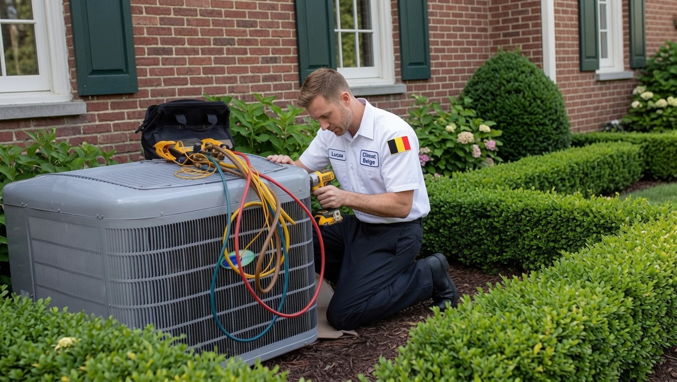 Technicien réparant un climatiseur extérieur
